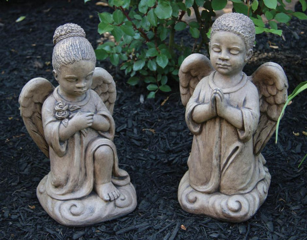 African American Kneeling Angel Boy and Girl Harmony Statues Children
